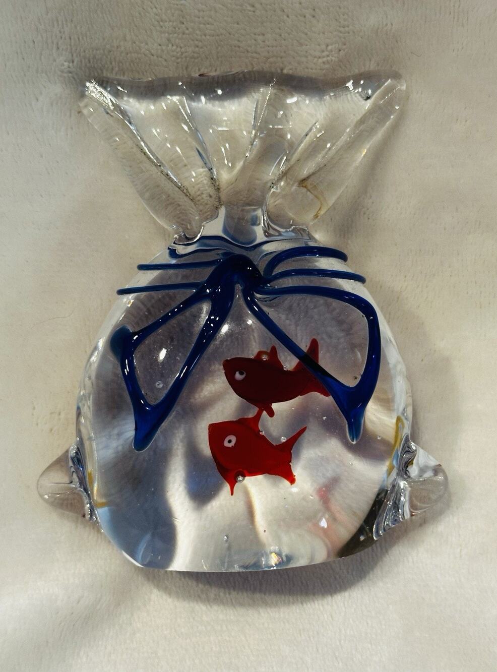 MURANO Style Heavy Art Glass Fish in a Bag 2 Goldfish Aquarium Bowl RARE 5" Vtg